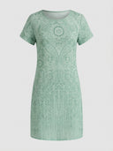 Amelia short sleeve paisley mini dress in green with white paisley print, front view — green wedding guest dress