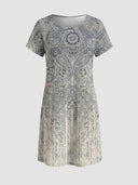 Amelia short sleeve paisley mini dress in grey — straight front view showing scoop neckline and A-line silhouette, occasion dress