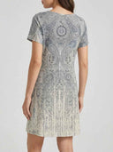 Amelia short sleeve paisley mini dress in grey — back view showing short set-in sleeves and A-line hem, cream base fading to blue