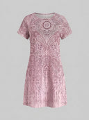 Amelia short sleeve paisley mini dress in pink with dark paisley pattern and scoop neckline, front view — pink wedding guest dress