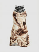 Brown and cream marble-patterned mini dress with black criss-cross halter neckline, front view.