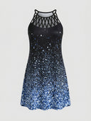 Black mini dress with crisscross halter neckline and blue glitter pattern, front view.