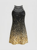 Black mini dress with gold glitter ombre and caged halter neckline, front view.