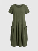 Amelia V-neck cap sleeve midi dress in army green, relaxed A-line with front patch pockets, front view on white background.