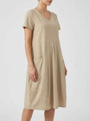 Amelia V-neck cap sleeve midi dress in khaki, relaxed A-line silhouette with two large front patch pockets, angled view on white background.