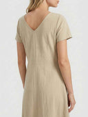 Amelia V-neck cap sleeve midi dress in khaki, rear view showing V-neck back and short cap sleeves.