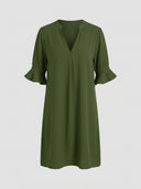 Amelia V-neck ruffle sleeve midi sundress in army green, front view on light grey background