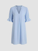 Amelia V-neck ruffle sleeve summer midi dress in sky blue, front view on neutral background