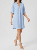 Sky blue Amelia midi sundress with notched V-neck and ruffle cuff sleeves, angled front view
