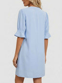 Amelia sky blue V-neck ruffle sleeve midi dress, back view showing relaxed A-line silhouette