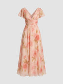 Pink floral V-neck maxi dress with short flutter sleeves and ruched waist, front view.
