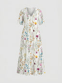 Beatrice Floral V-Neck Maxi Summer Dress in White with multicolour watercolour floral print and tassel tie V-neckline, front view.