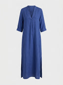 Beatrice linen-look maxi dress in blue, front view on white background showing V-neckline with mandarin collar, three-quarter sleeves, and side slits.