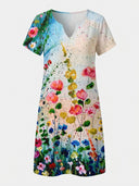 Charlotte Floral V-Neck Short Sleeve Midi Dress in multicolour watercolour floral print, front view on white background.
