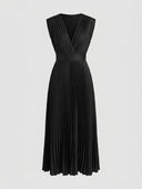 Charlotte Pleated V-Neck Midi Dress in Black — wide waistband and full knife-pleated A-line skirt, sleeveless midi occasion dress, front view on light grey background.