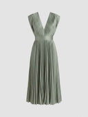 Charlotte Pleated V-Neck Midi Dress in Grey Green — sleeveless deep V-neckline, wide cinched waistband, and full knife-pleated A-line skirt, front view on white background.