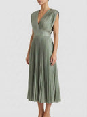 Charlotte Pleated V-Neck Midi Dress in Grey Green — A-line knife-pleated midi skirt with smooth waistband, angled front view on white background.