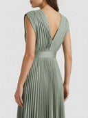 Charlotte Pleated V-Neck Midi Dress in Grey Green — open back with adjustable tie-back and wide smooth waistband, back view on white background.