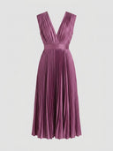 Charlotte Pleated V-Neck Midi Dress in Purple — smooth waistband, all-over knife pleats, and deep V-neckline, front view on white background.