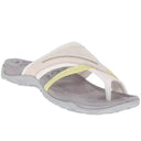 Beige and cream cushioned toe-post sandal with crossover forefoot strap and grey rubber outsole, angled side view.