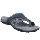 Charcoal grey toe-post sandal with cushioned contoured footbed and decorative stitched crossover strap, angled side view.