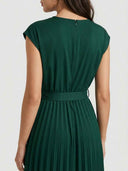 Rear view of dark green Ciara Pleated Cap Sleeve Midi Dress showing back zip closure and fully pleated A-line midi skirt.