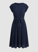 Royal blue Ciara Pleated Cap Sleeve Midi Dress with self-tie bow waist belt and fully pleated A-line midi skirt, front view on white background.
