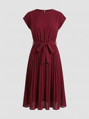 Wine red Ciara Pleated Cap Sleeve Midi Dress with self-tie bow waist belt and fully pleated A-line midi skirt, front view on white background.