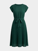 Clara dark green cap sleeve pleated midi dress with self-tie bow belt, front view — fit-and-flare A-line silhouette for summer wedding guest occasions.