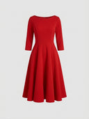 Daisy red A-line midi wedding guest dress with boat neckline, three-quarter sleeves, rhinestone belt and full flared skirt, front view.