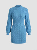 Sky blue cable knit mini dress with mock neck and long balloon sleeves — straight front view on white background.