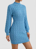 Sky blue cable knit mini dress with mock neck, long balloon sleeves and ribbed waistband — angled front view on white background.