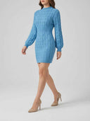 Sky blue cable knit mini dress with long balloon sleeves and ribbed waistband — three-quarter angled view on white background.