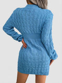 Sky blue cable knit mini dress with long balloon sleeves and ribbed waistband — back view on white background.