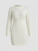 White cable knit mini dress with mock neck, long balloon sleeves and ribbed waistband — front view on white background.