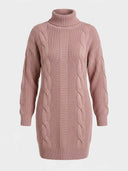 Daisy pink cable-knit turtleneck long sleeve mini dress, front view on plain background showing mixed cable-and-rib knit panel detail.