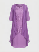 Daisy lilac floral embroidered midi dress with sheer chiffon jacket, front view — occasion dress for weddings and garden parties.