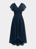 Daisy navy flutter sleeve V-neck midi dress with ruched waist and high-low hem, straight front view on white background.