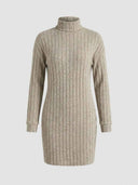 Daisy ribbed turtleneck long sleeve mini knit dress in khaki, bodycon silhouette, front view on grey background.