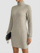 Daisy ribbed turtleneck long sleeve mini knit dress in light grey marl, bodycon fit, front three-quarter view styled with a black chain clutch.