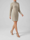 Daisy ribbed turtleneck long sleeve mini knit dress in light grey, angled front view showing wide vertical rib-knit texture.