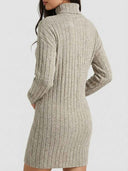 Daisy ribbed turtleneck long sleeve mini knit dress in light grey, back view showing close bodycon fit.