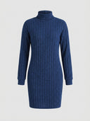 Daisy ribbed turtleneck long sleeve mini knit dress in navy, bodycon silhouette, front view on neutral background.