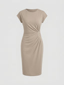 Beige cap-sleeve ruched waist bodycon midi dress, front view on white background — Daisy by Credo Nera.