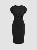 Black cap-sleeve ruched waist bodycon midi dress, front view on light grey background — Daisy by Credo Nera.