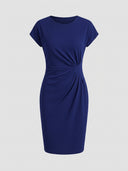 Dark blue cap-sleeve ruched waist bodycon midi dress, front view on white background — Daisy by Credo Nera.