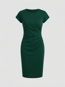 Dark green cap-sleeve ruched waist bodycon midi dress, front view — Daisy by Credo Nera.