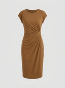 Khaki cap-sleeve ruched waist bodycon midi dress, front view on white background — Daisy by Credo Nera.