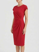 Red cap-sleeve ruched waist bodycon midi dress, side view on white background — Daisy by Credo Nera.