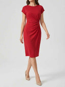 Red cap-sleeve ruched waist bodycon midi dress, front view on white background — Daisy by Credo Nera.